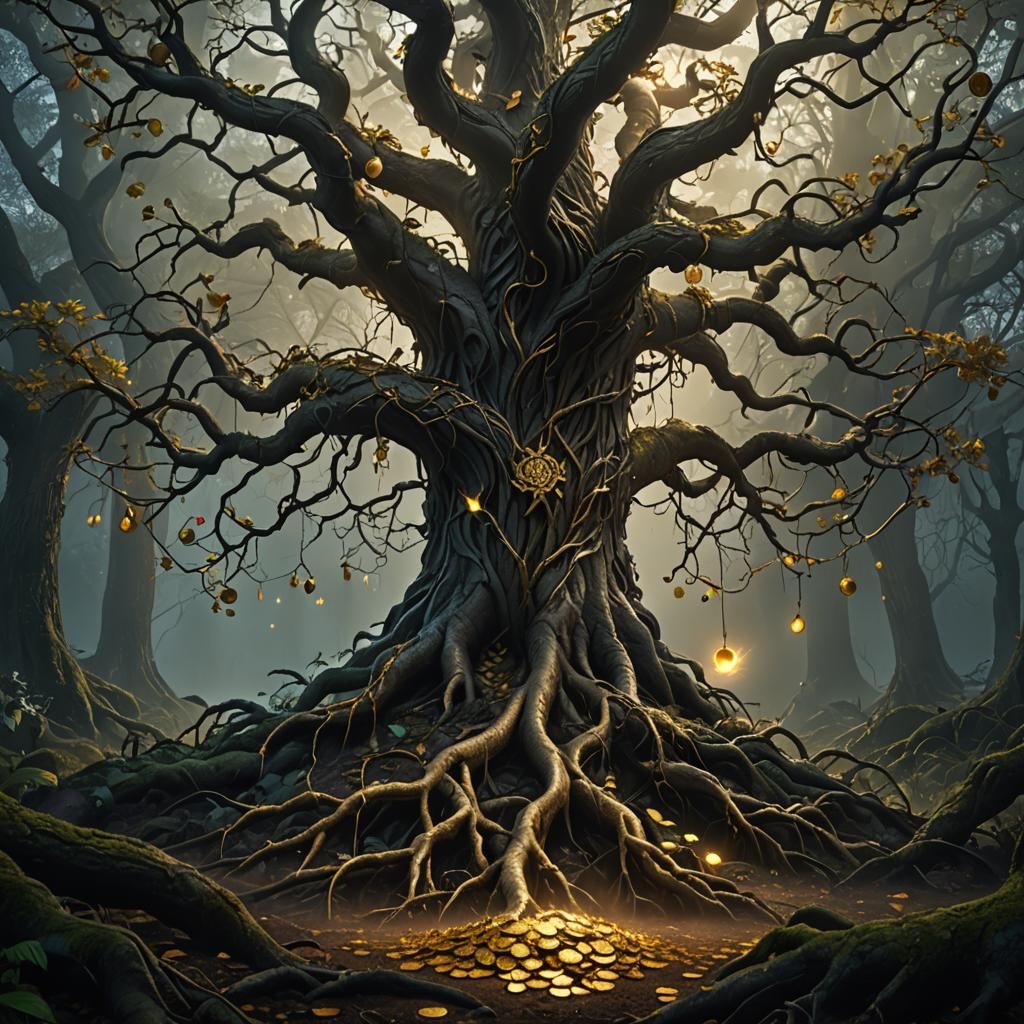 Eerie Tree with Roots of Gold in Dark Fantasy Art