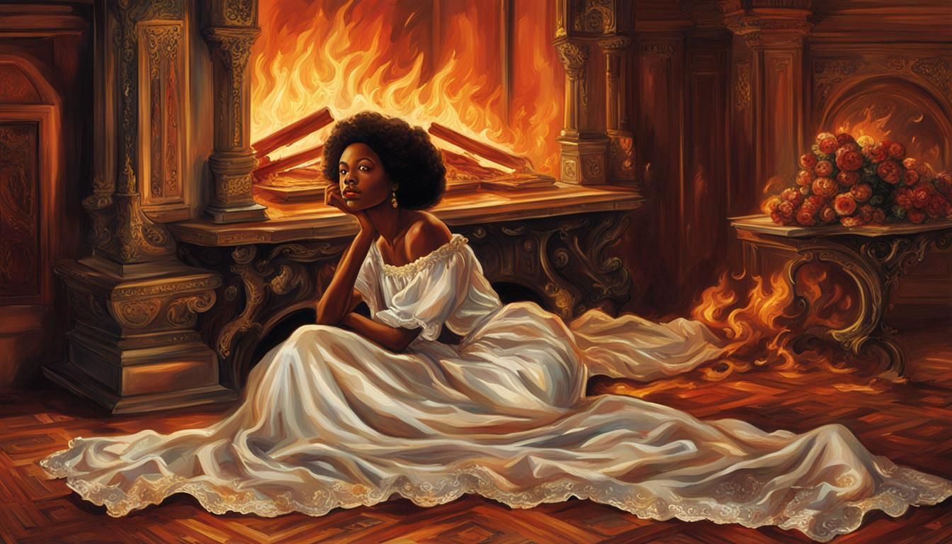 Beautiful Woman Staring into Fireplace Flames