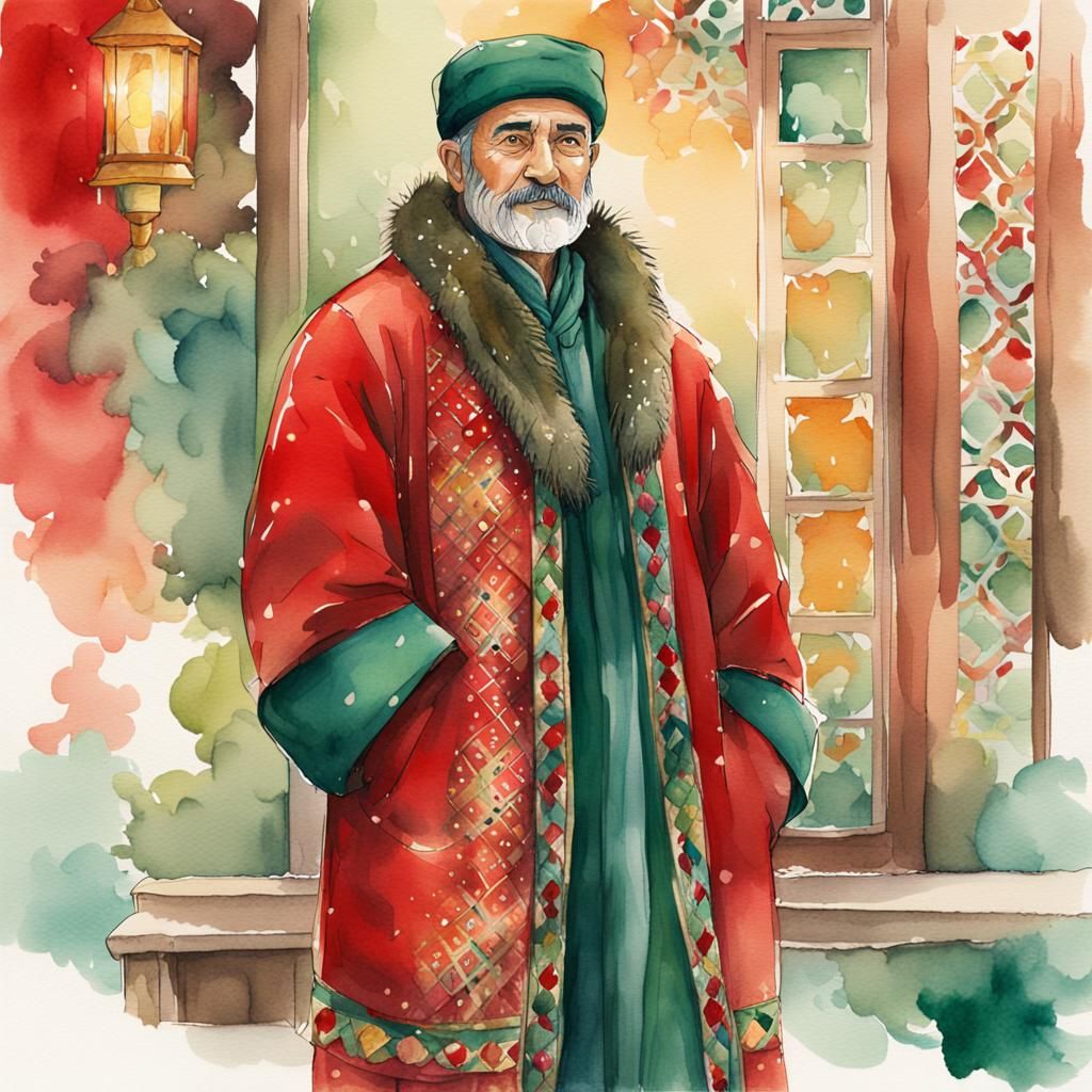 Santa Claus in Turkish Attire: Watercolor Illustration