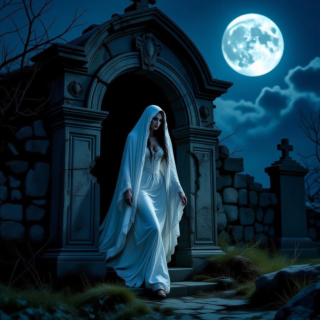 Vampire Woman Emerges from Crypt in Dark Fantasy Style