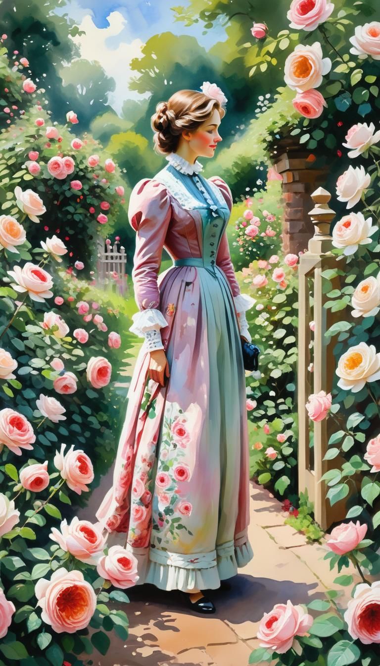 English rose garden with Victorian lady