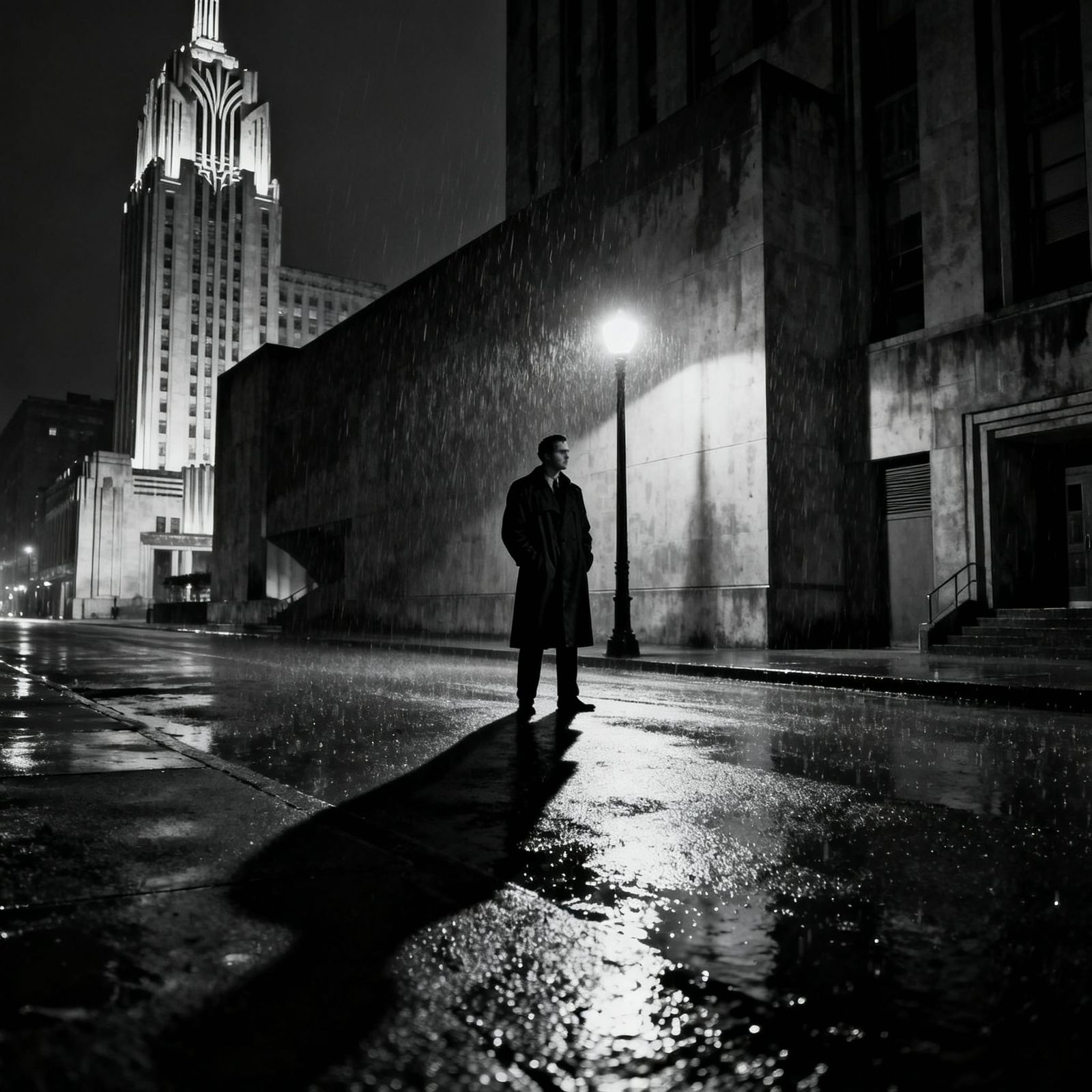 Noir Figure Under Streetlamp on Rainy City Street