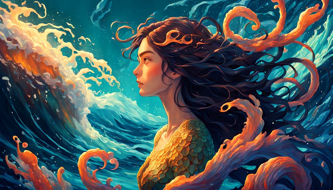 Eldritch Mermaid Among Deepsea Creatures