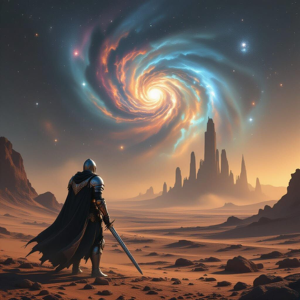 Knight on Alien Planet Gazing at Cosmic Sky
