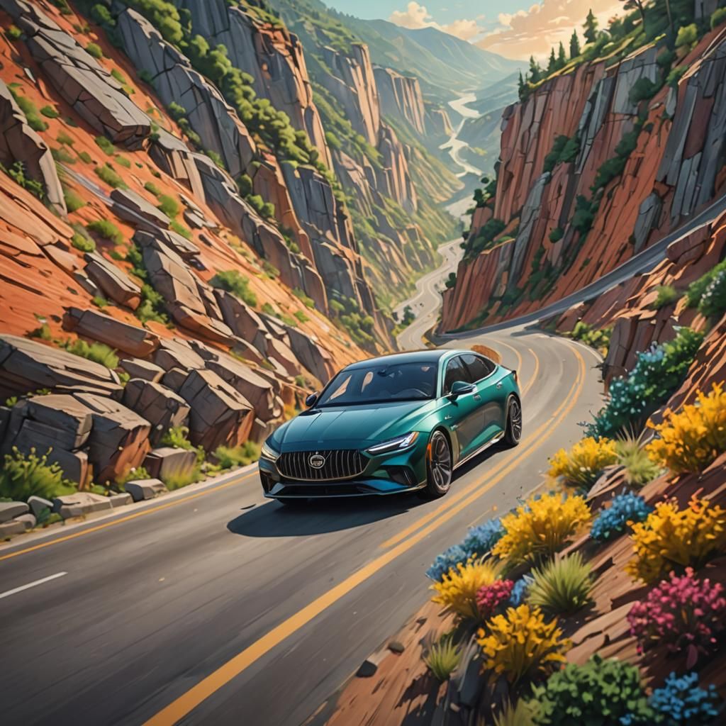 Luxury Sedan Speeding Down Twisty Road: Splash Art