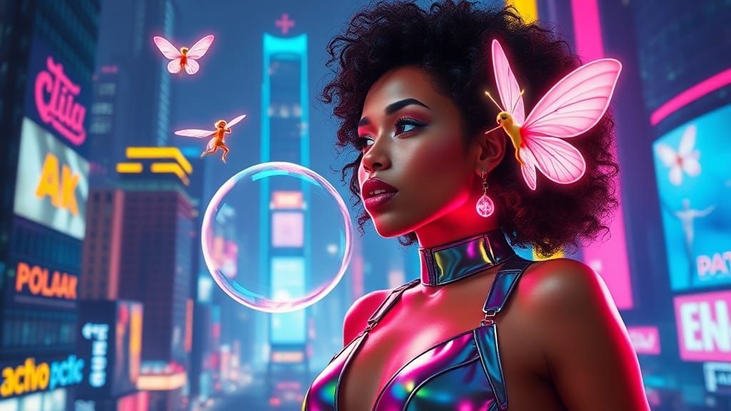 Futuristic Woman Blowing Bubble in High-Tech Cityscape