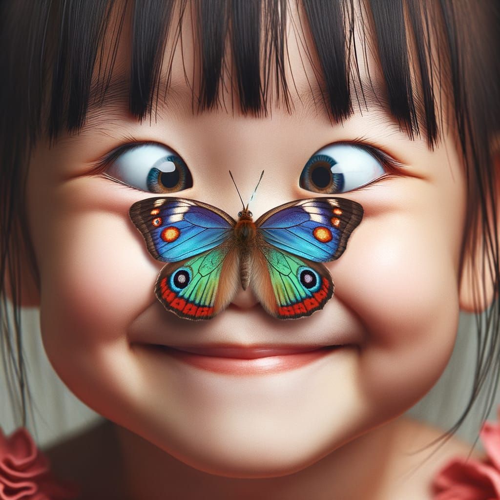 Asian Child with Butterfly on Nose in Charming Scene