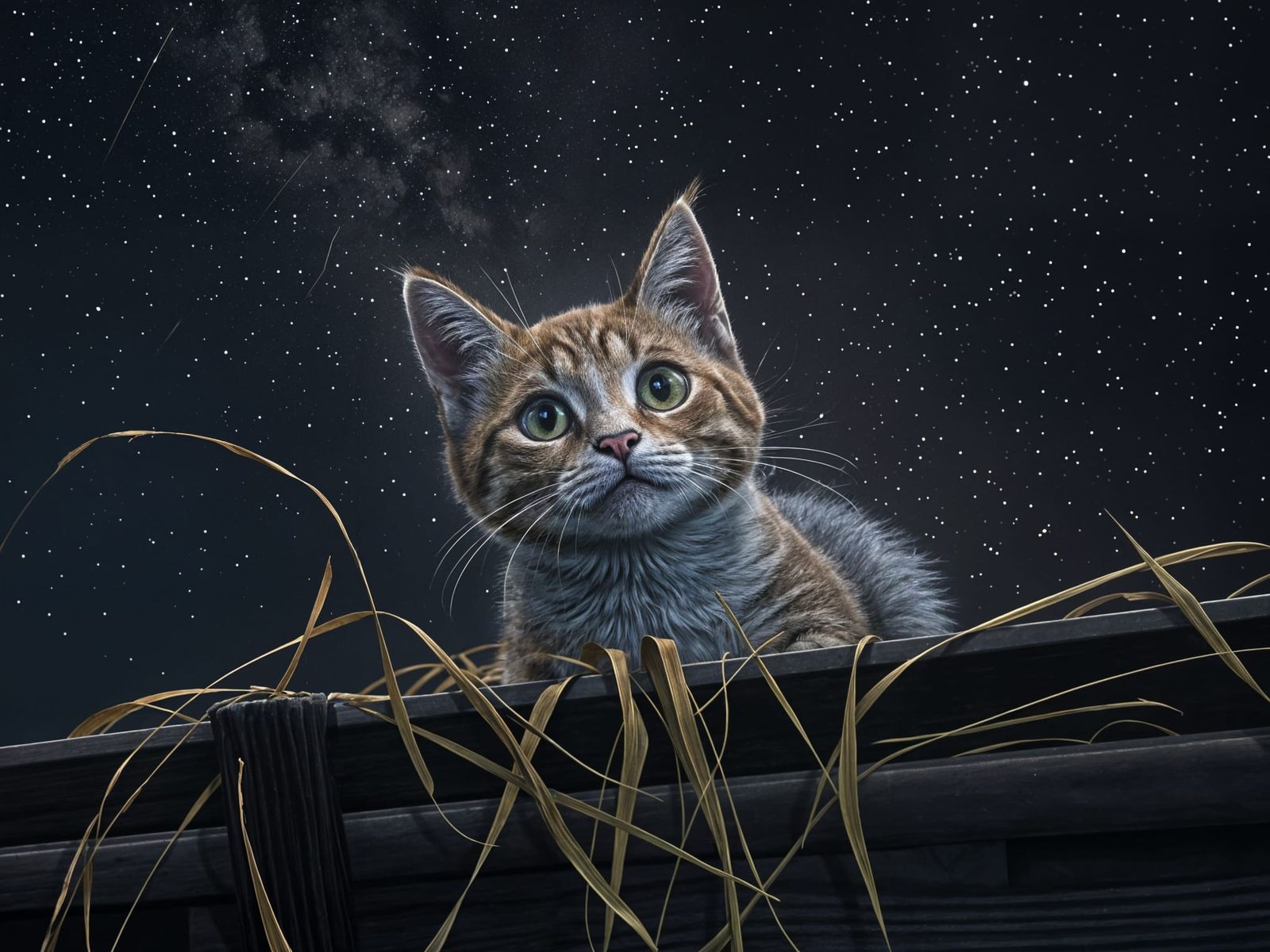 Cat looking up at the stars in a hay wagon