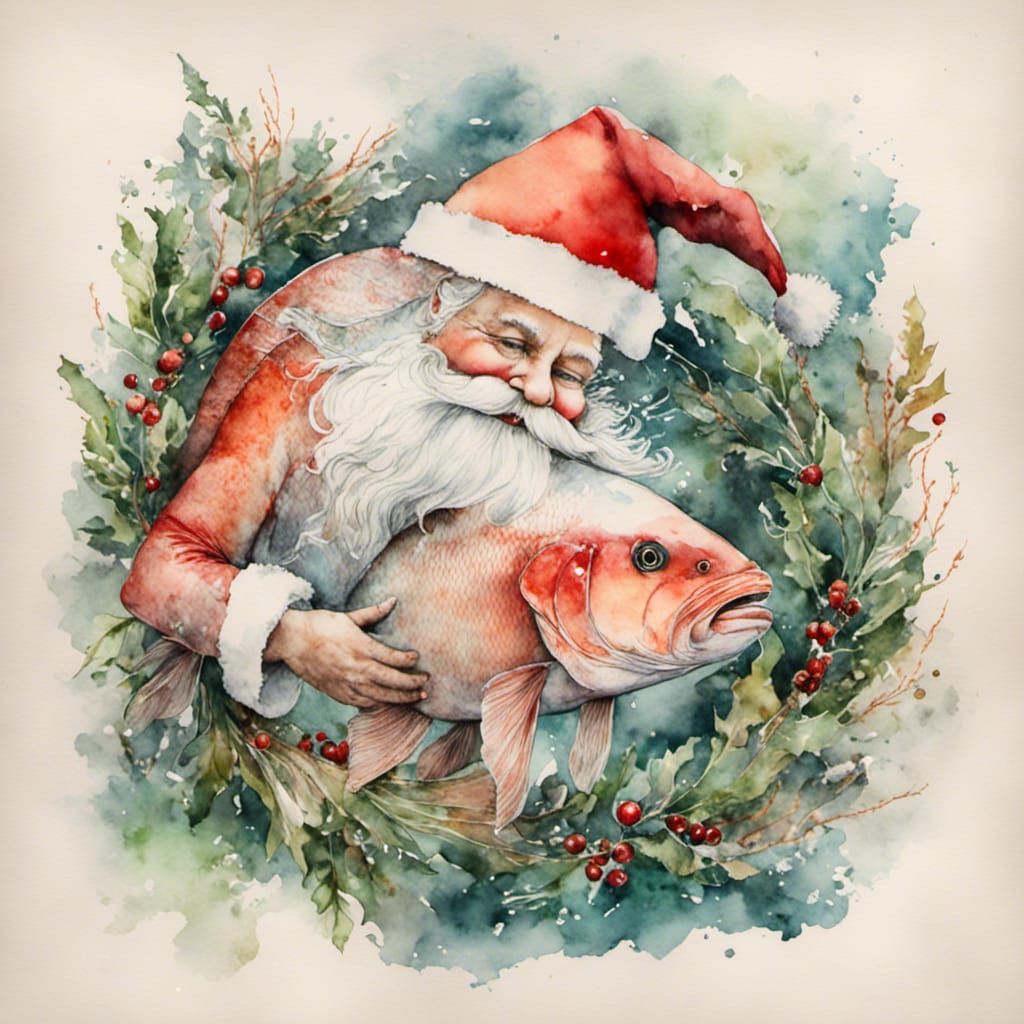 Festive Watercolor Fish in Santa Hat