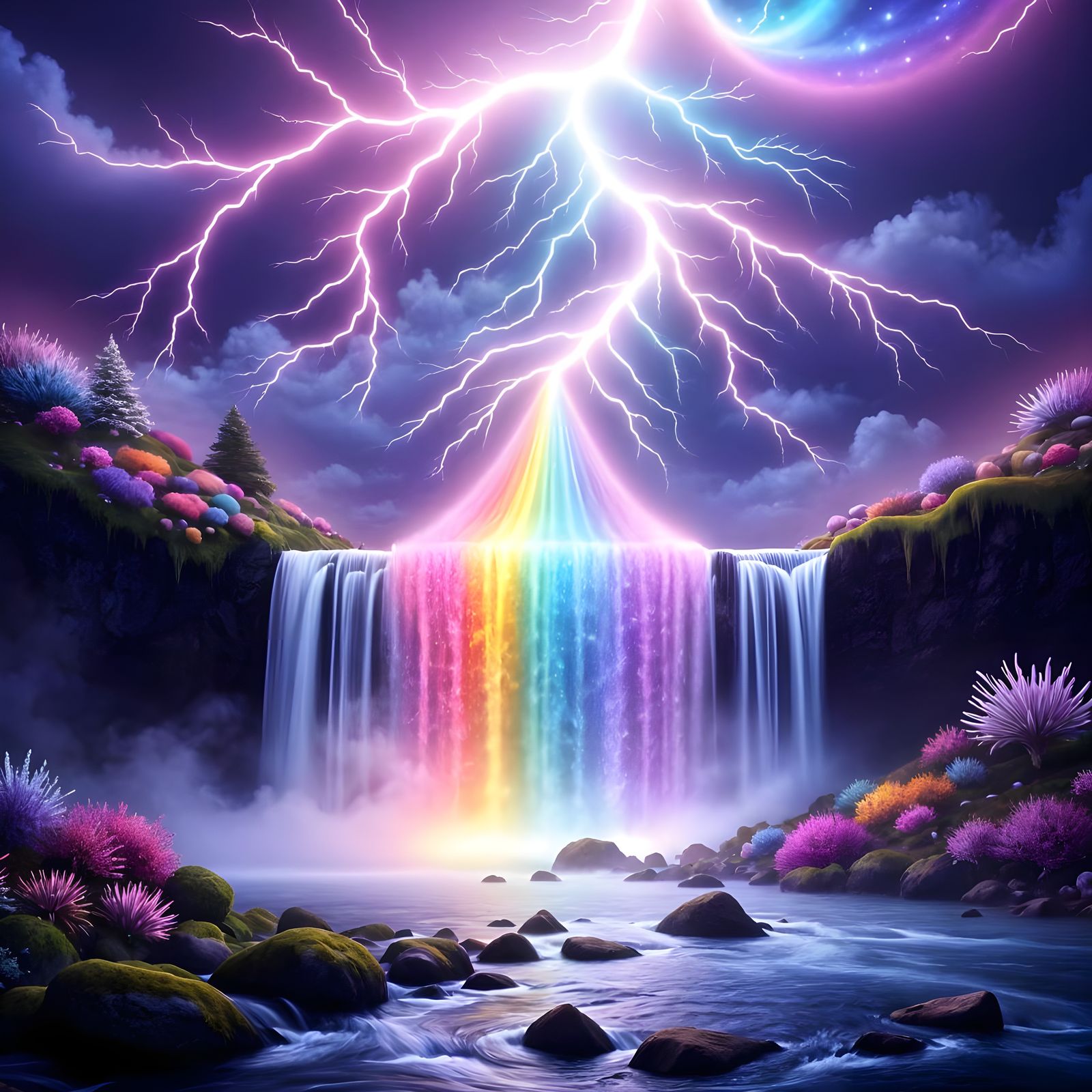 Rainbow Waterfall Under Lightning, Surreal Dreamscape