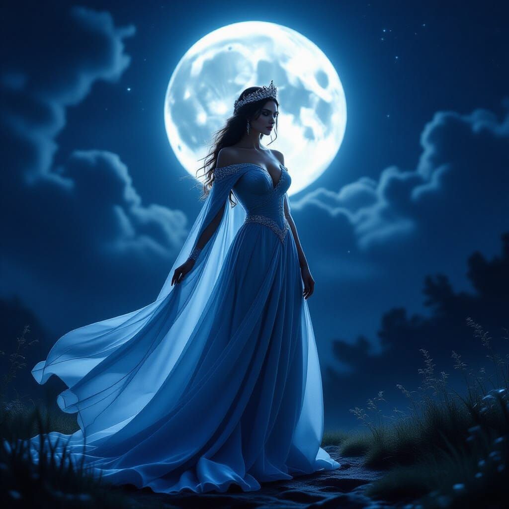 Mystical Queen in Silver-Blue Gown Under Glowing Moon