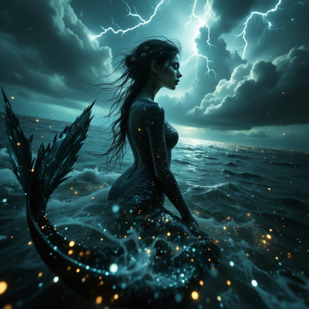 Gothic Mermaid with Metallic Tail Below Stormy Seas
