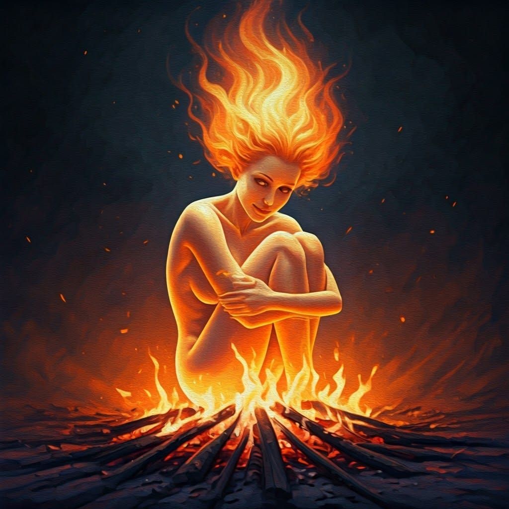 Sensual Flame Spirit Radiates Warmth in Oil Painting