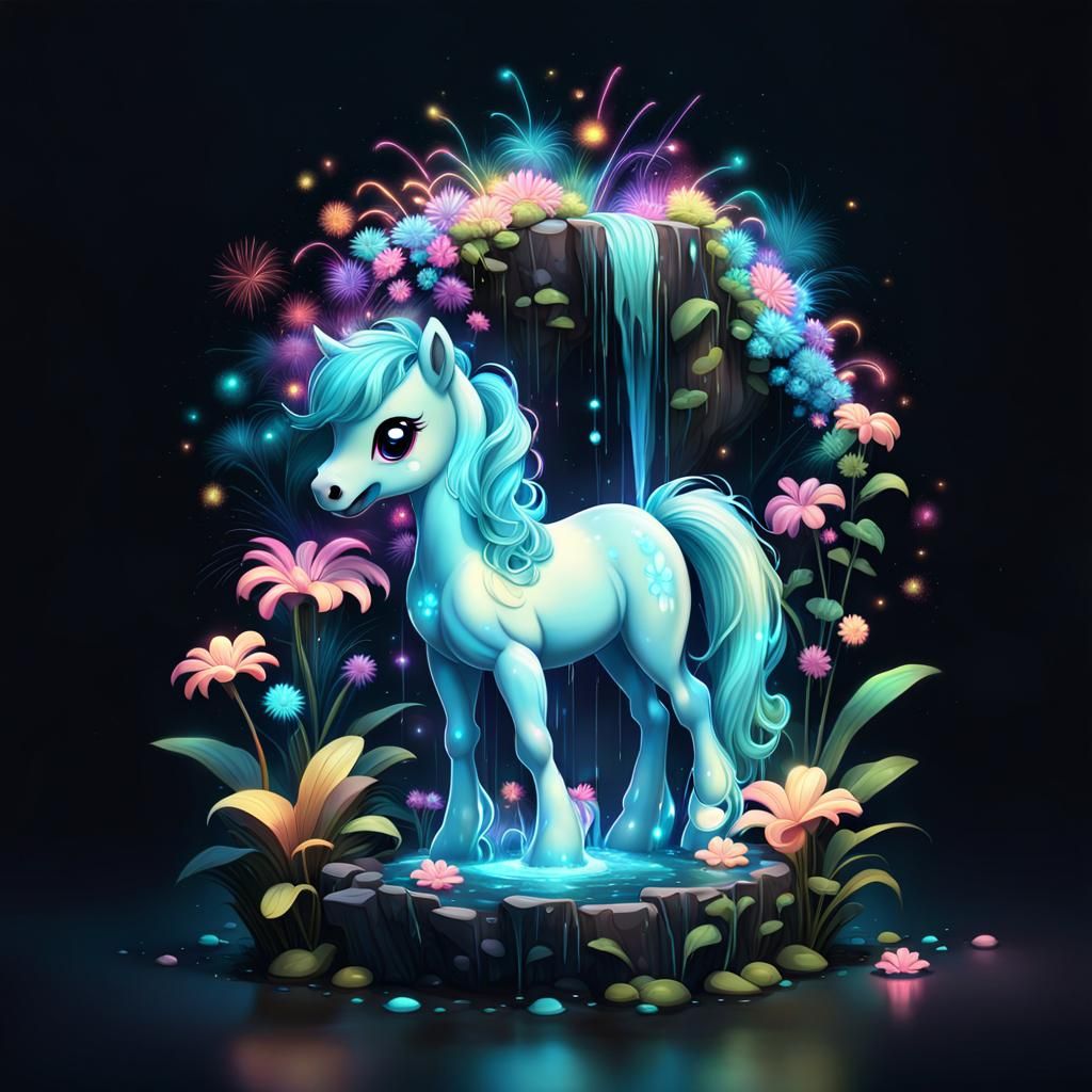 Bioluminescent Chibi Pony in a Candy Art Garden