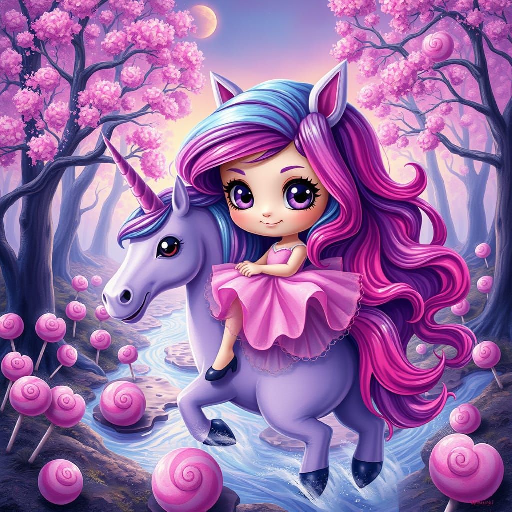 Chibi Girl Rides Unicorn in Candy Forest