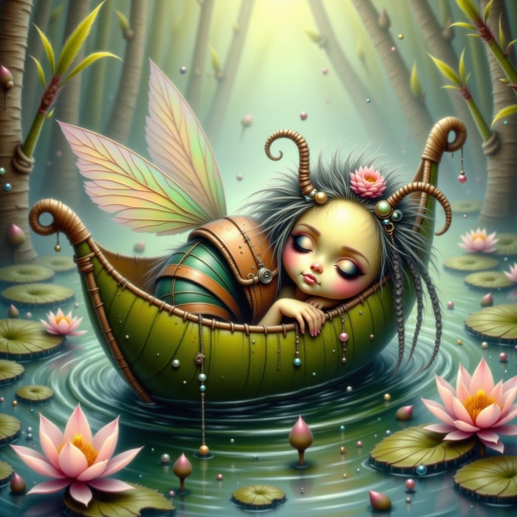 Sleepy Bee in Leaf Boat on Pond