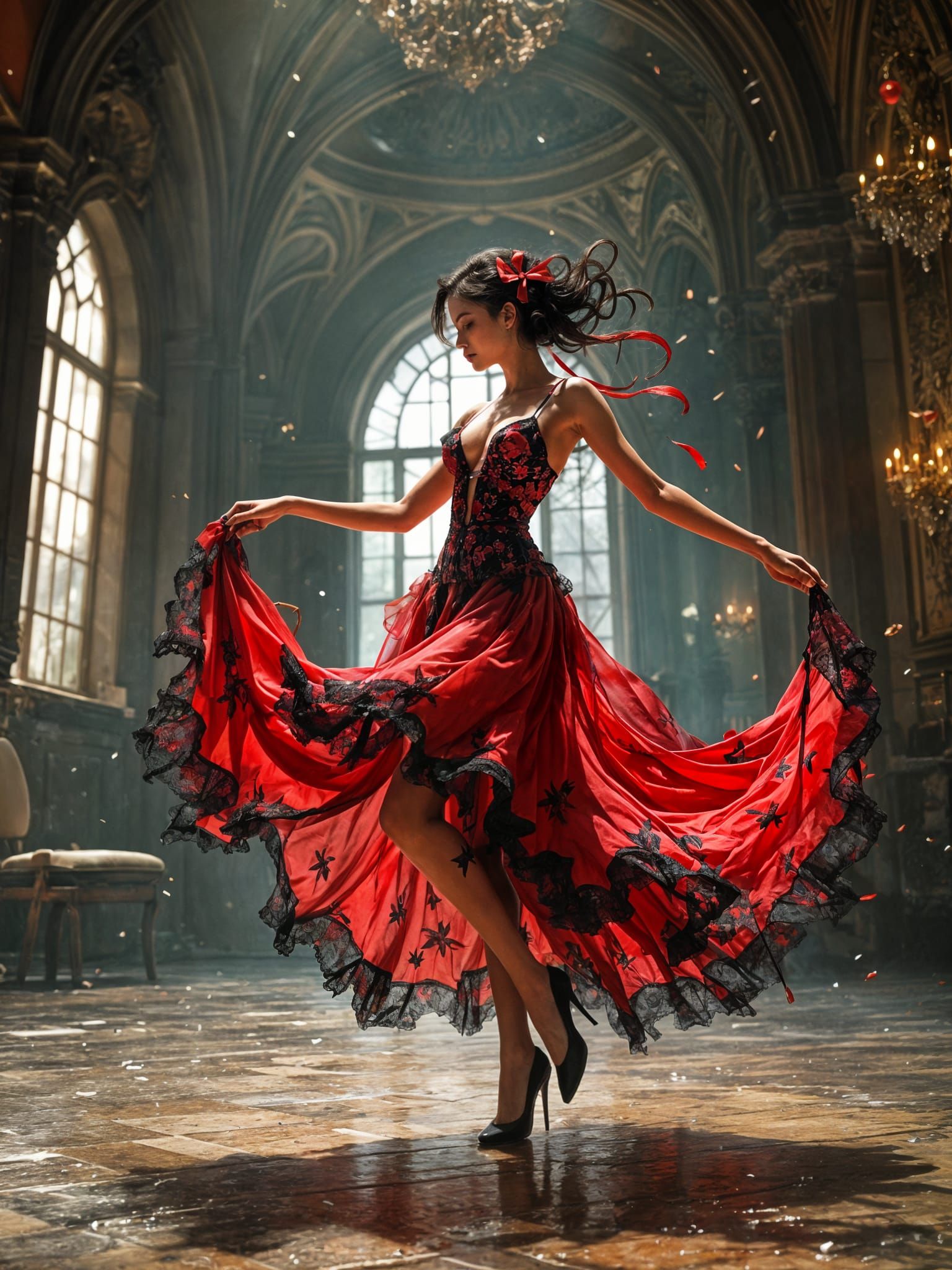 Fantasy Wench Dancing in Red Lace Gown