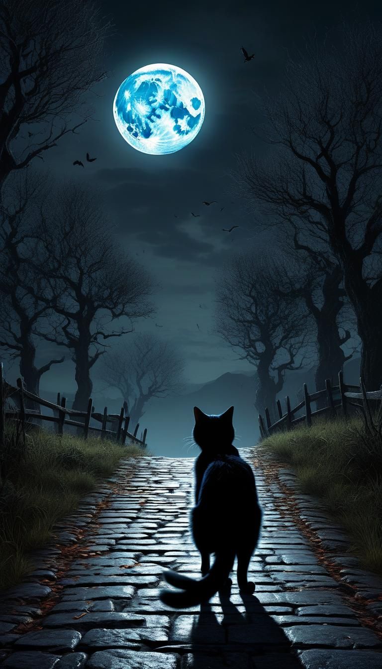 Black Cat and Full Moon: Horror Art