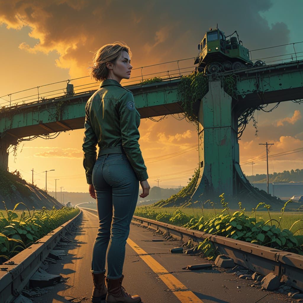 Gritty Realism Woman on Crumbling Overpass