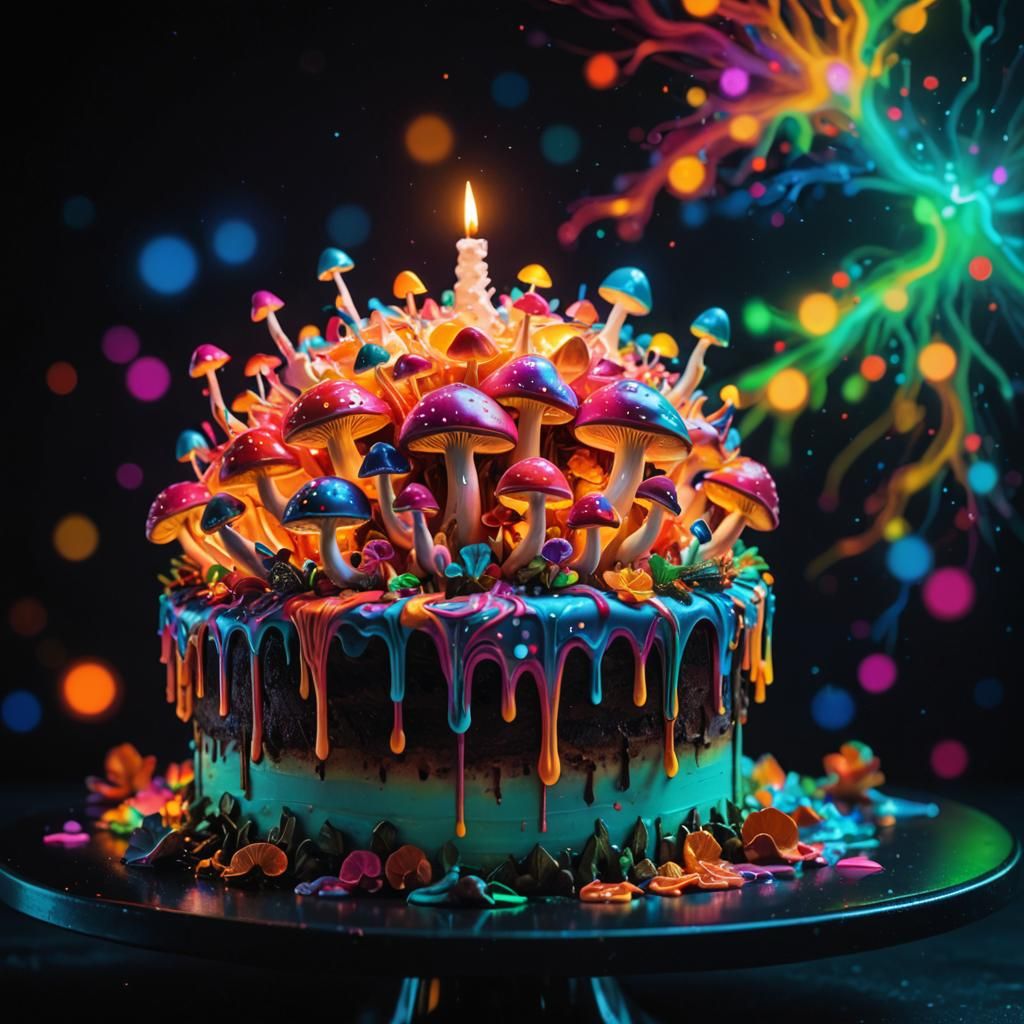 Vibrant Christmas Cake with Neon Mushrooms