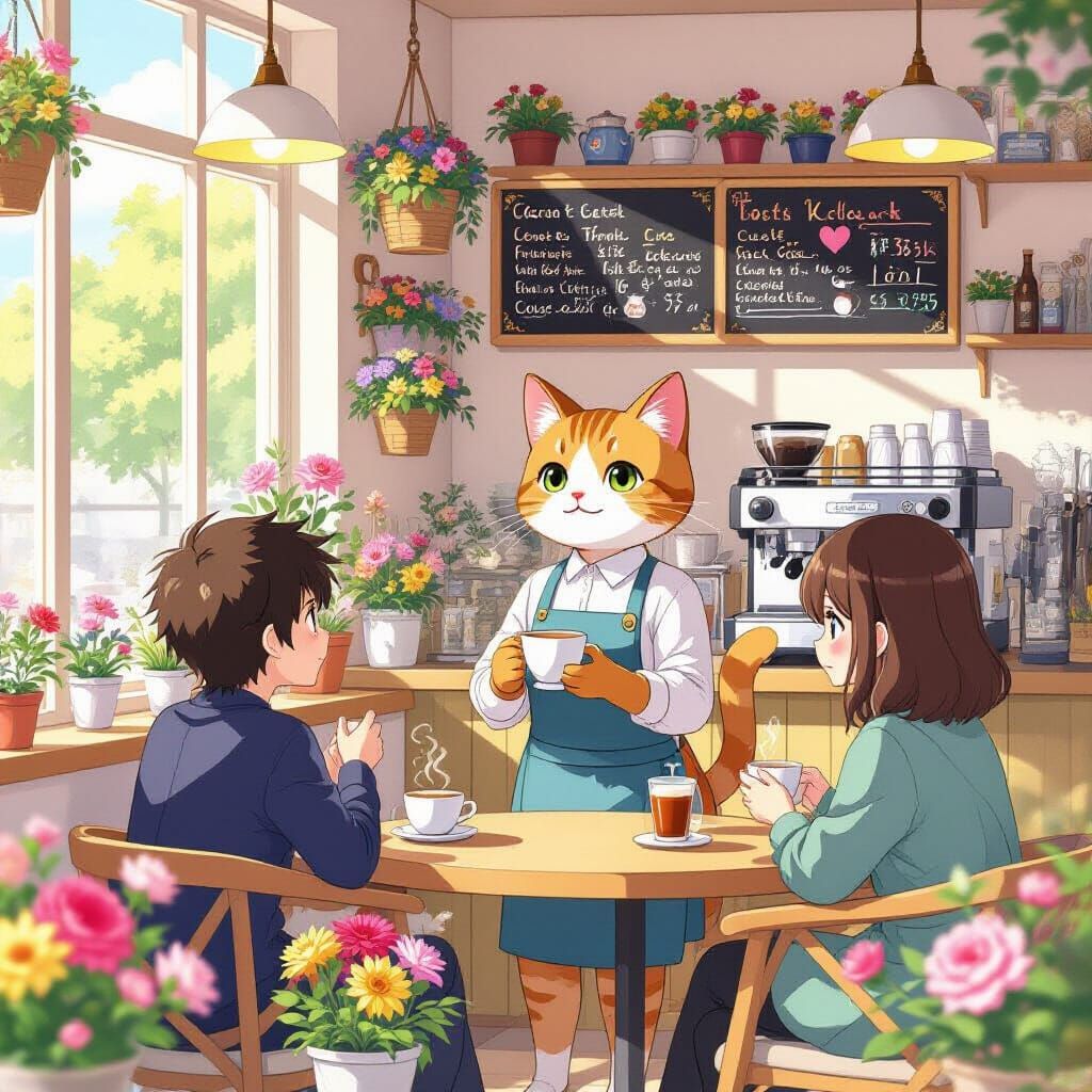 Anime Cat Barista in Flower Cafe: Ghibli-Inspired Art