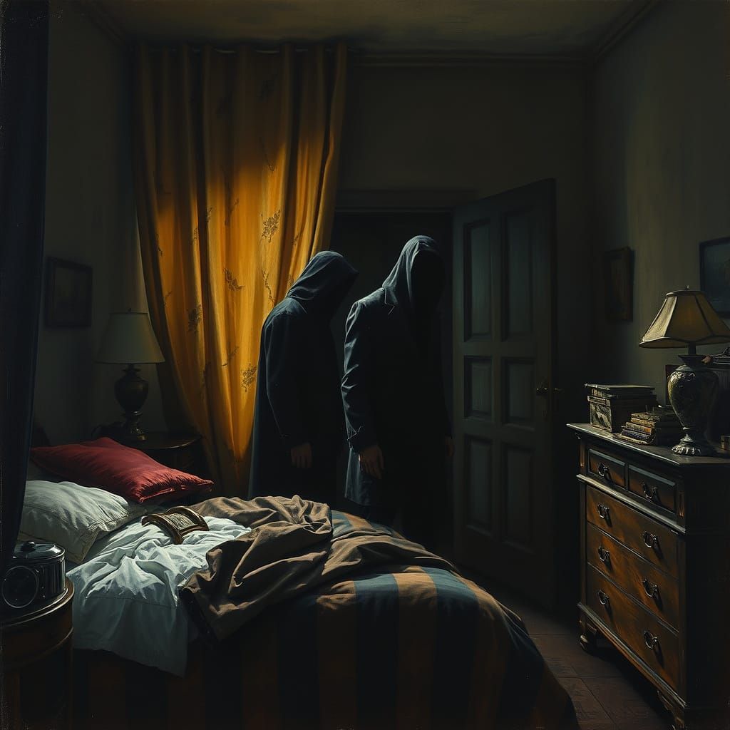 Pulp Noir Bedroom Oil Painting with Mysterious Figures