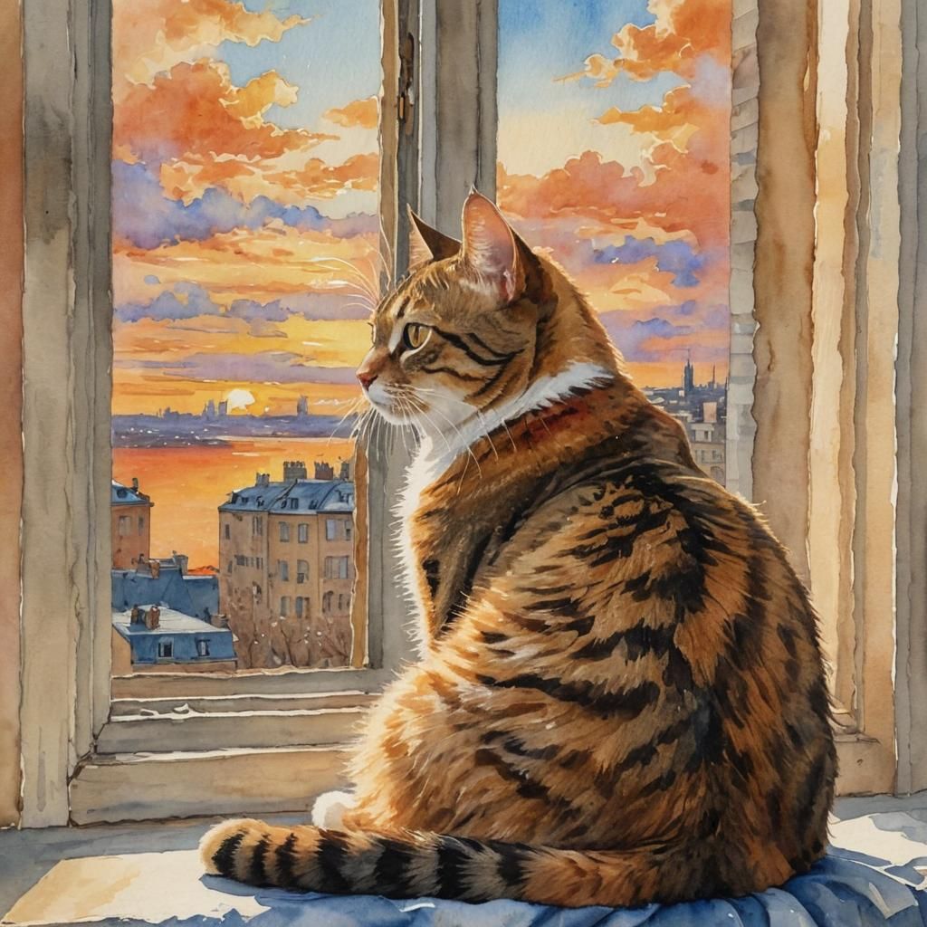Watercolor Cat Contemplates City at Sunset