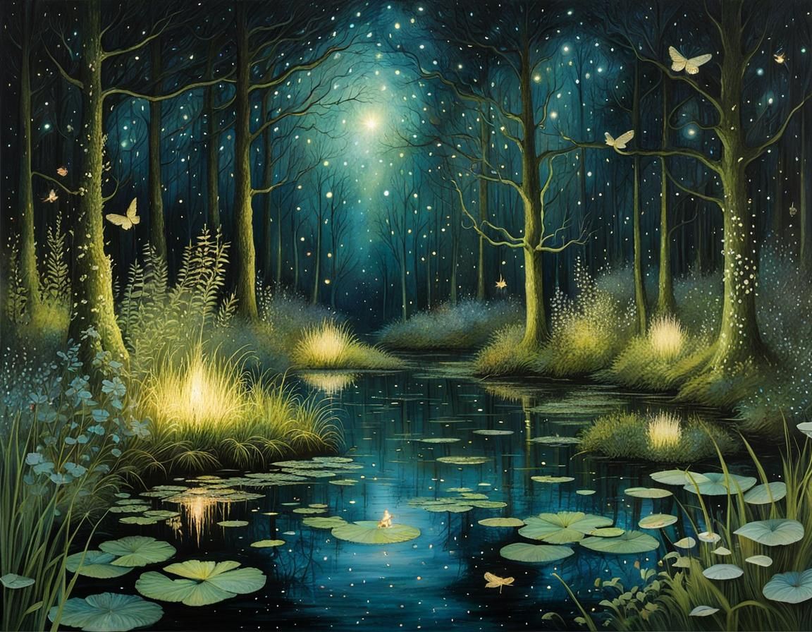 Enchanted Forest Nymph Bathes in Firefly Light