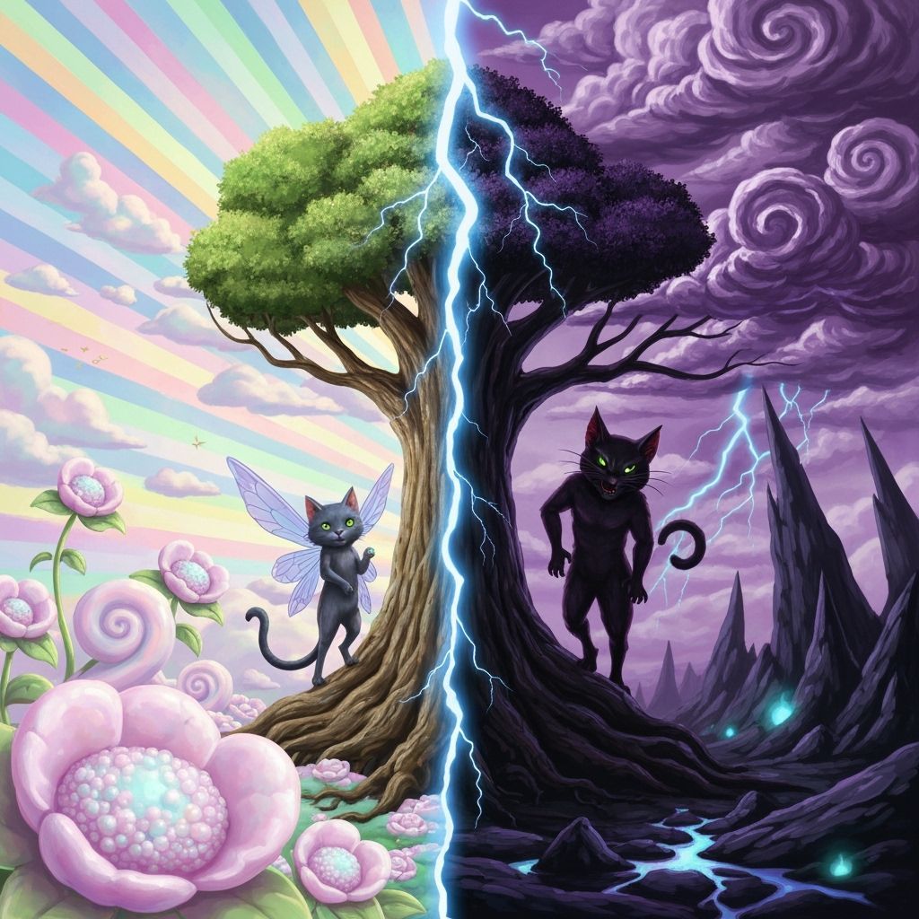 Cat-Fairy and Cat-Goblin Worlds in Dueling Landscapes