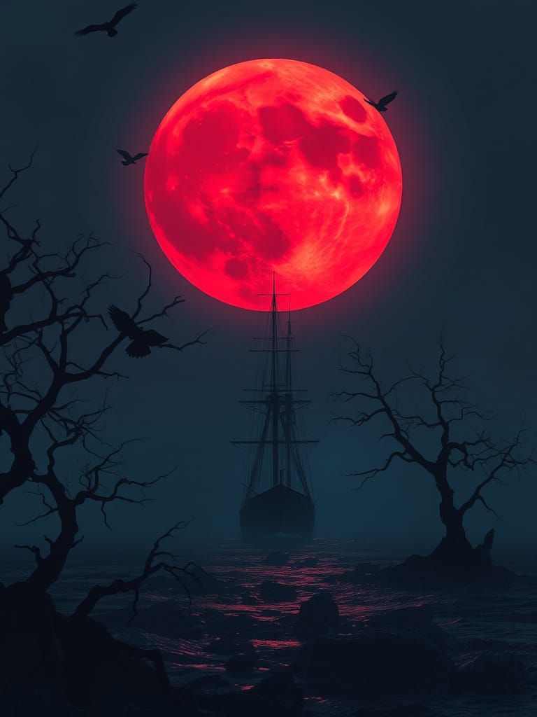 Eerie Tall Ship Under Red Moon in Dark Surrealism
