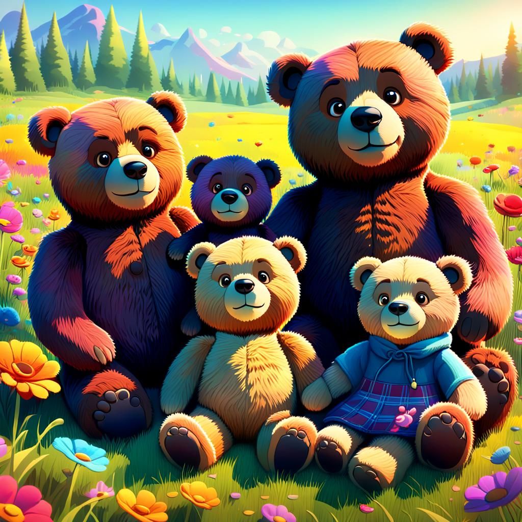 Adorable Teddy Bear Family Enjoys Sunny Meadow Day
