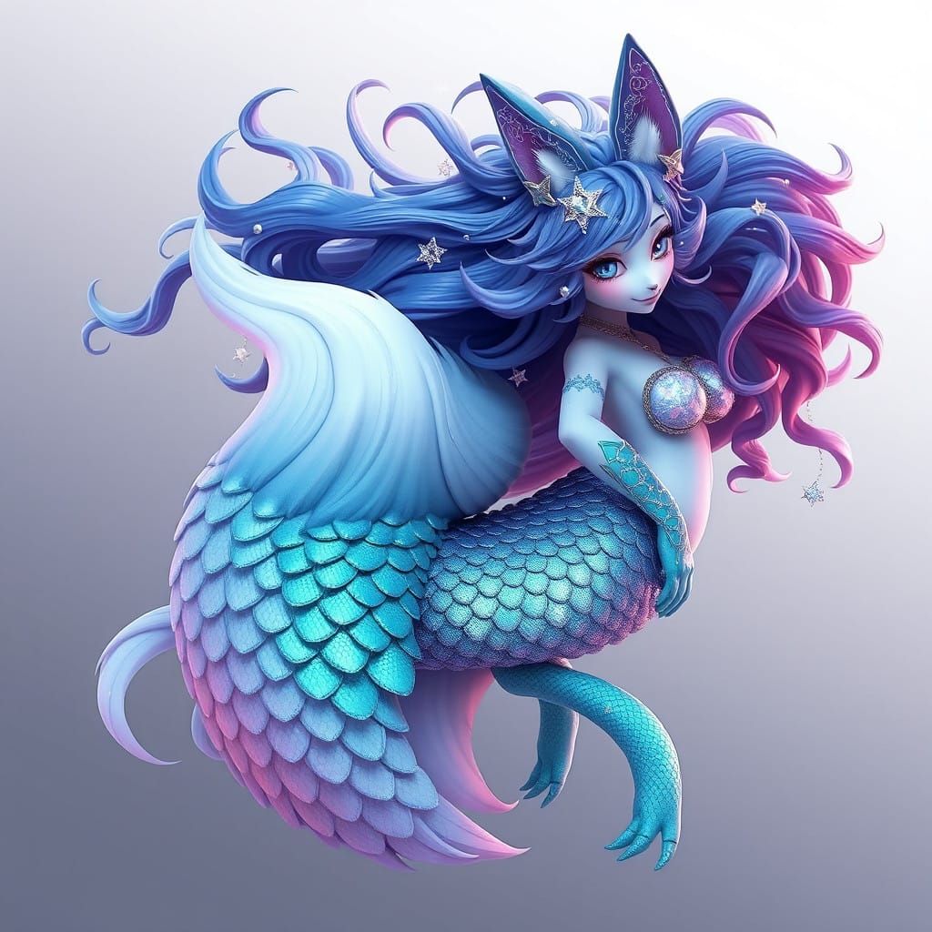 Celestial Fox Mermaid Hybrid in Vibrant Anime Style