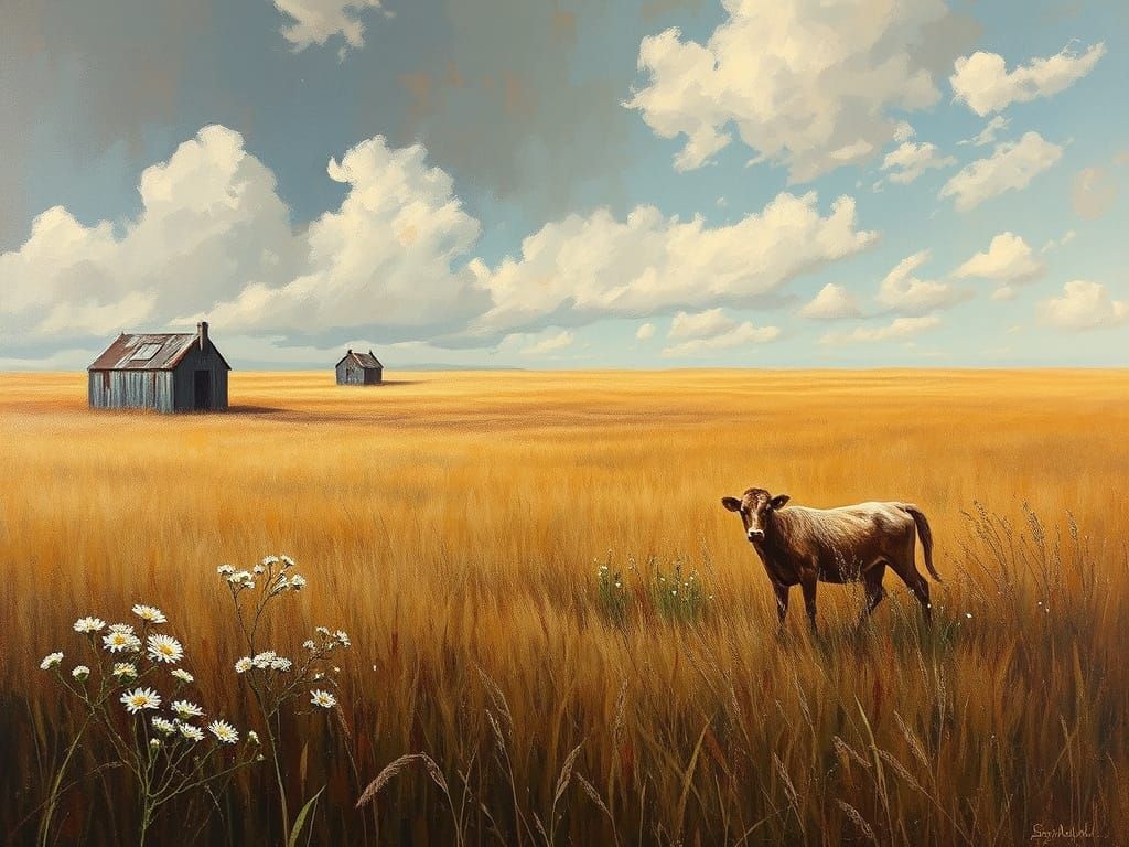 Rustic Oil Painting of a Field in Bloom and Decay