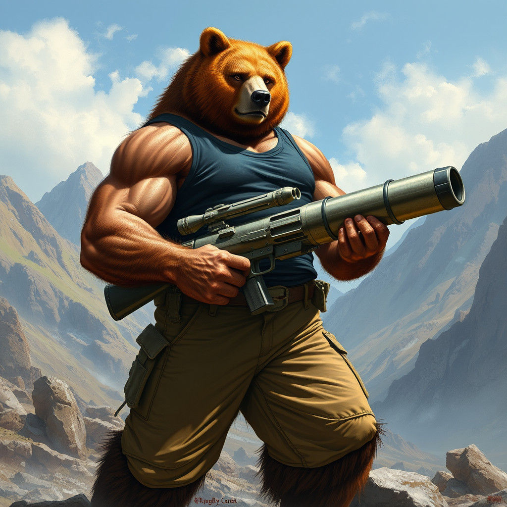 Muscular Bear-Man Hybrid Warrior with Rocket Launcher