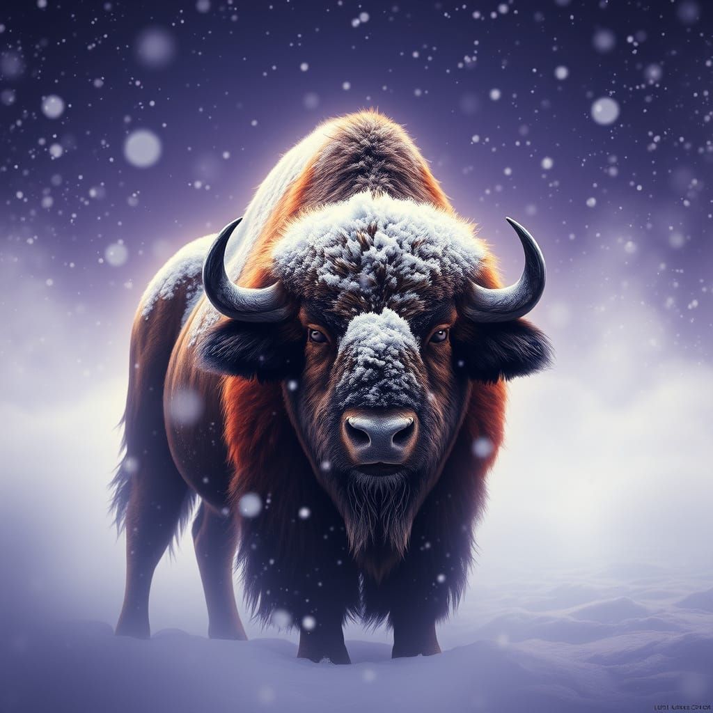 Majestic Bison in Snowy Snowstorm Landscape