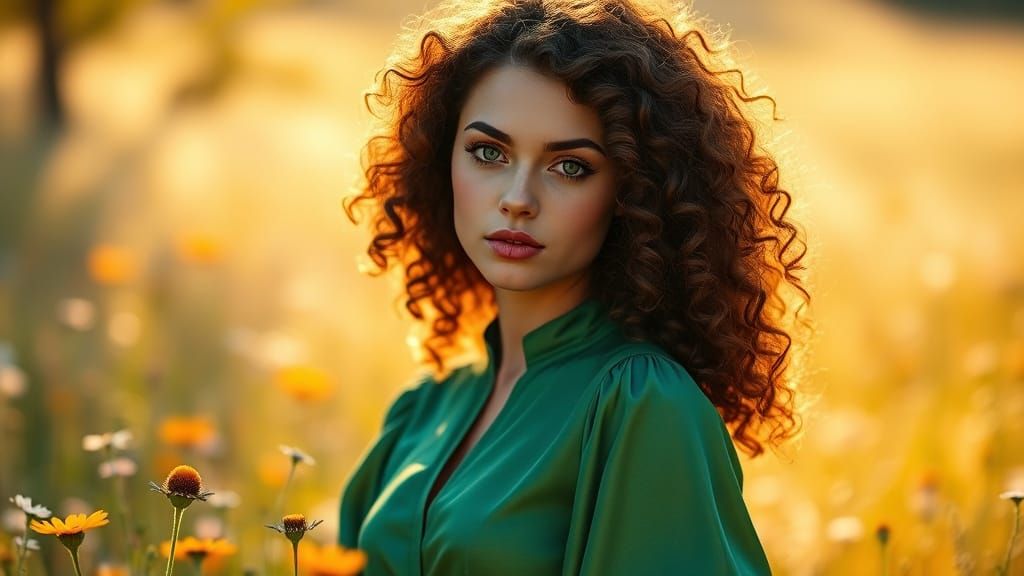 Woman in Elegant Art Nouveau Style with Curly Hair and Green...