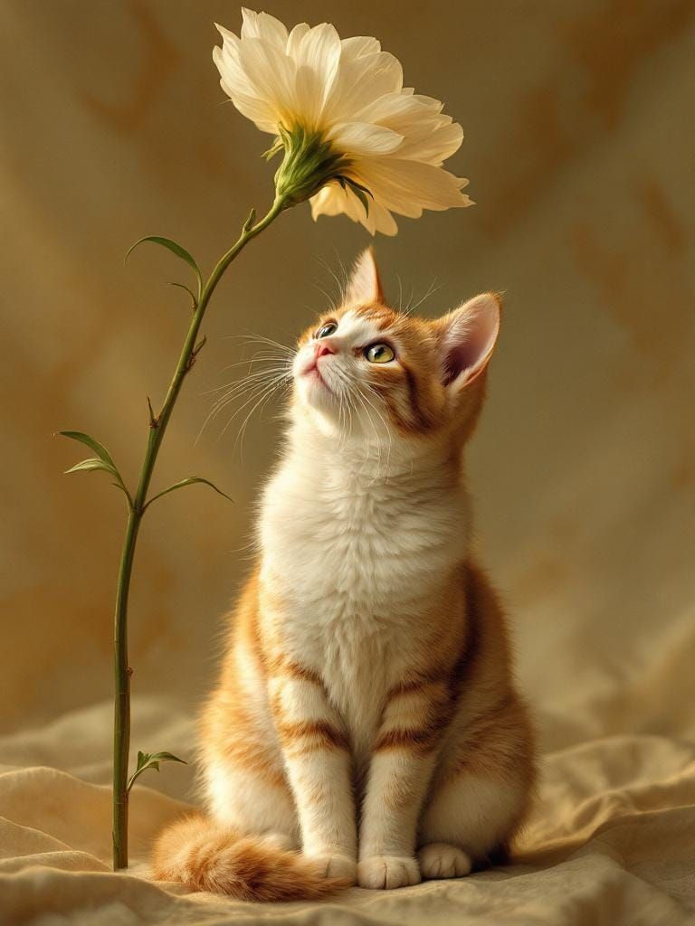 Cat Under Flower: Classical Porcelain Refinement