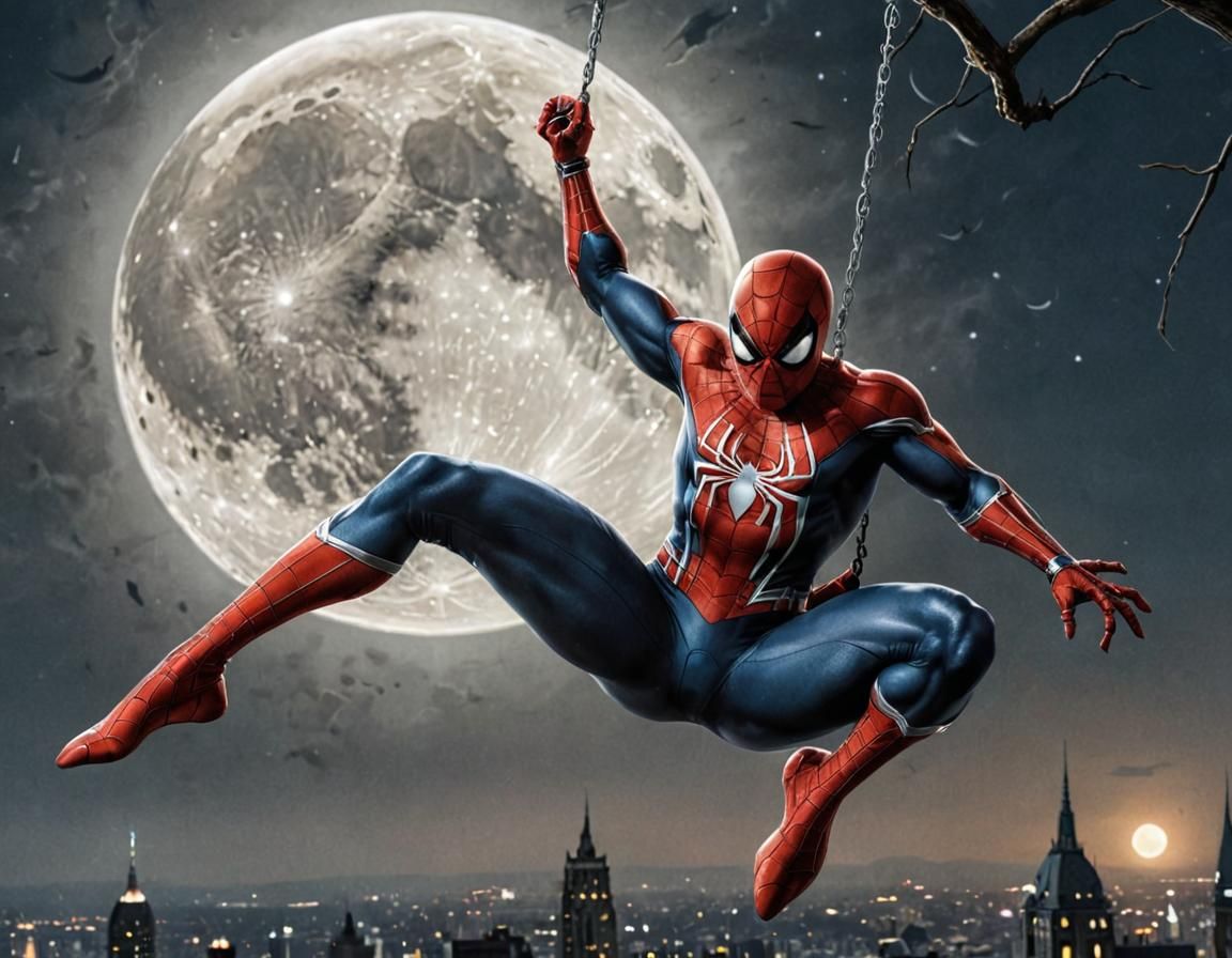 Spider-Man Swings Under the Moon in Hyperrealistic Style