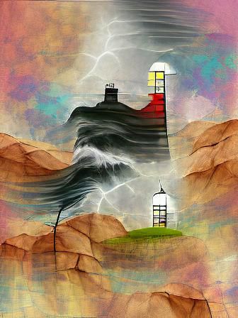 Lighthouse on Cliff in Storm, Digital Illustration