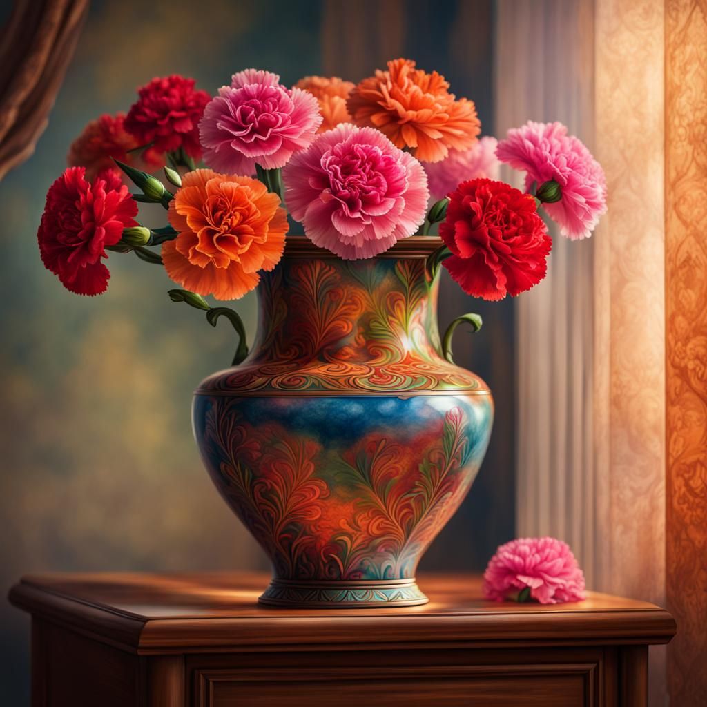 Hyperrealistic Carnations in Antique Vase, Detailed Art