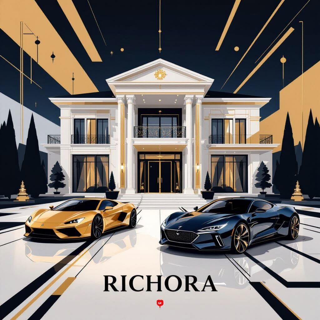 Luxury Mansion and Car in Minimalist Vector Art