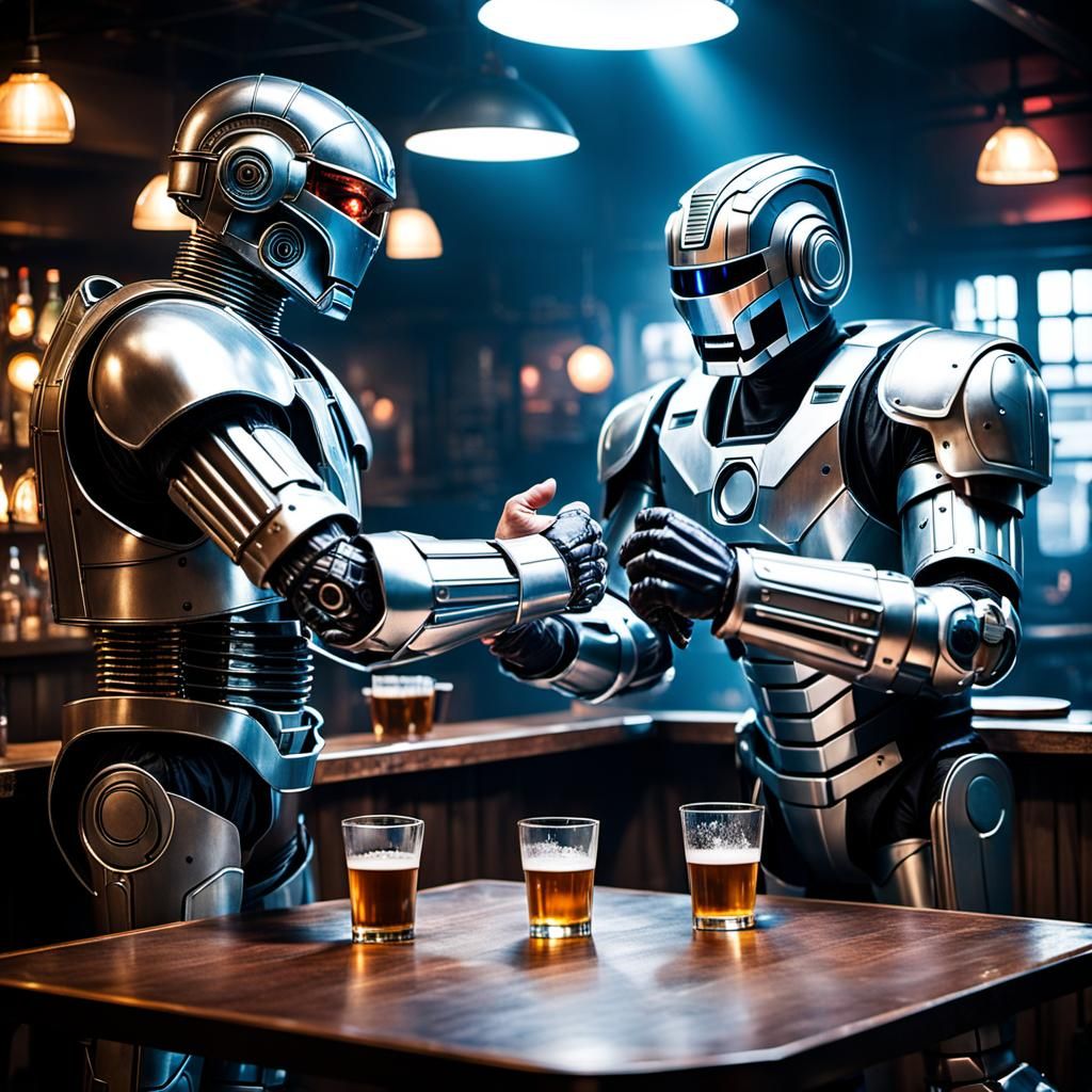RoboCop vs Cyberman Arm Wrestling in Cyberpunk Pub