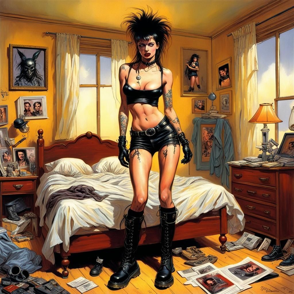 Punk Goth Woman in Messy Bedroom, Comic Book Art