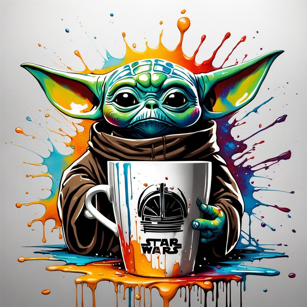 Grogu with Coffee Mug: Graffiti Art Style