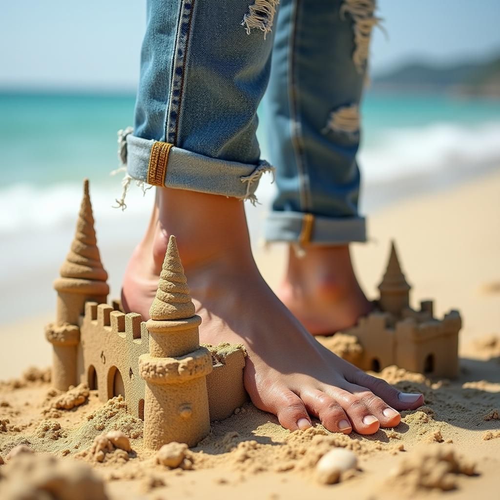 Giant Foot Crushing Sandcastle on Sunny Beach