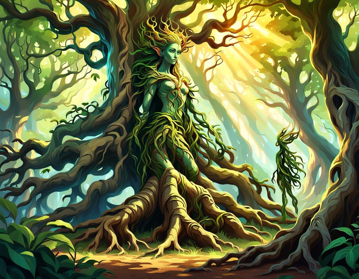 Mythic Hamadryad in Forest: Oil Painting Style