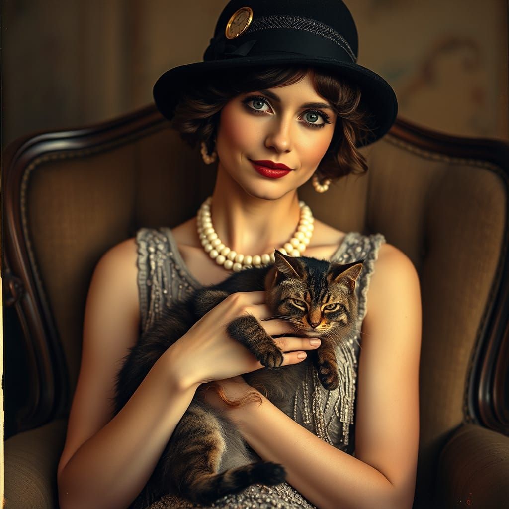 1920s Flapper Woman with Scrawny Cat in Vintage Armchair