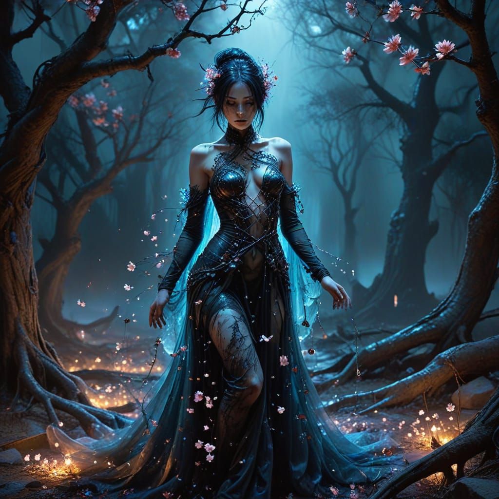 Ethereal Gothic Punk Goddess in Cherry Blossom Petal Gown