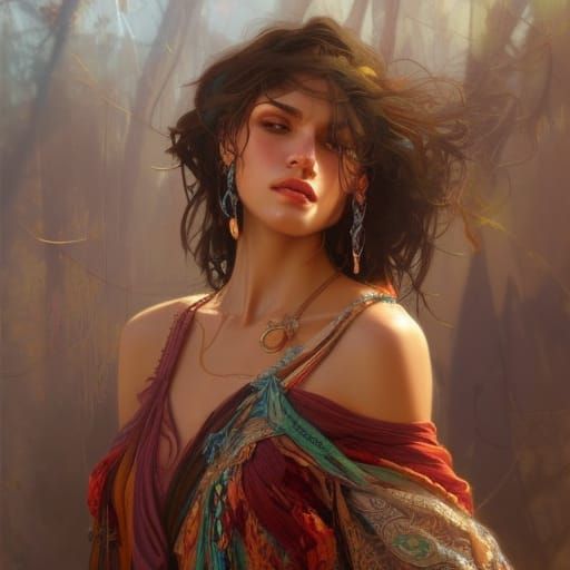 Gorgeous Bohemian Woman Portrait in Digital Art Style