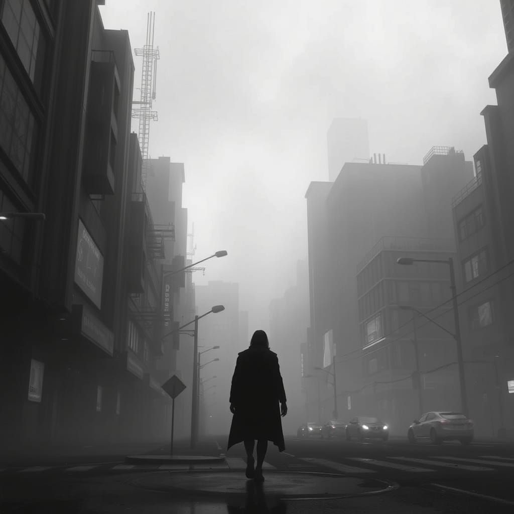 Lost in Fog: Brutalist Cityscape in Grayscale